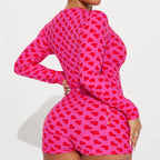 VacationGrabs Women Sexy Bodycon Deep V Neck Trapdoor Fashion Heart Printed Long Sleeve Butt Flap Romper Valentines Pajama Playsuit