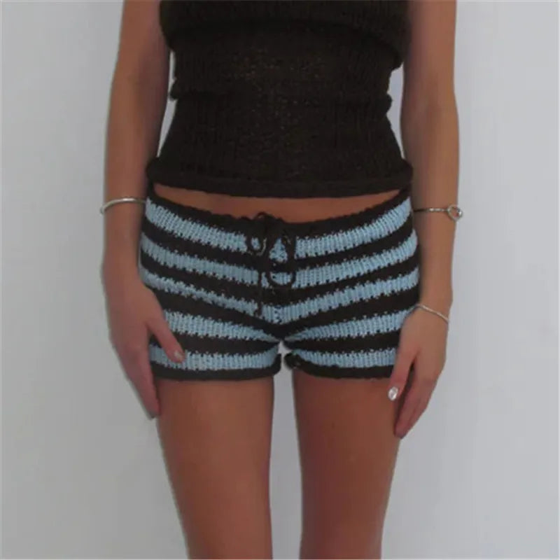 VacationGrabs Drawstring Knit Crochet Shorts Women Summer Low Waist Stripes Print Booty Shorts Grunge Stretchy Shorts HolidayBeachwear
