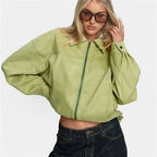 VacationGrabs Women Micro Biker Jacket Casual Loose Fit Stylish Solid Color Zip Up Collared Long Sleeve Coat Fall Spring Streetwear