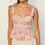 Y2K Sweet Women's Floral Print Peplum Cami Top Tie Strap Ruched Back Crop Top Coquette Aesthetic Clubwear Party Night Out Tops