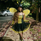 VacationGrabs Women Bumble Bee Halloween Costume Striped Tutu Dress With Bee Wings Antenna Headband Gloves Stockings Cosplay Outfit