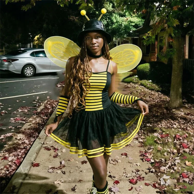 VacationGrabs Women Bumble Bee Halloween Costume Striped Tutu Dress With Bee Wings Antenna Headband Gloves Stockings Cosplay Outfit