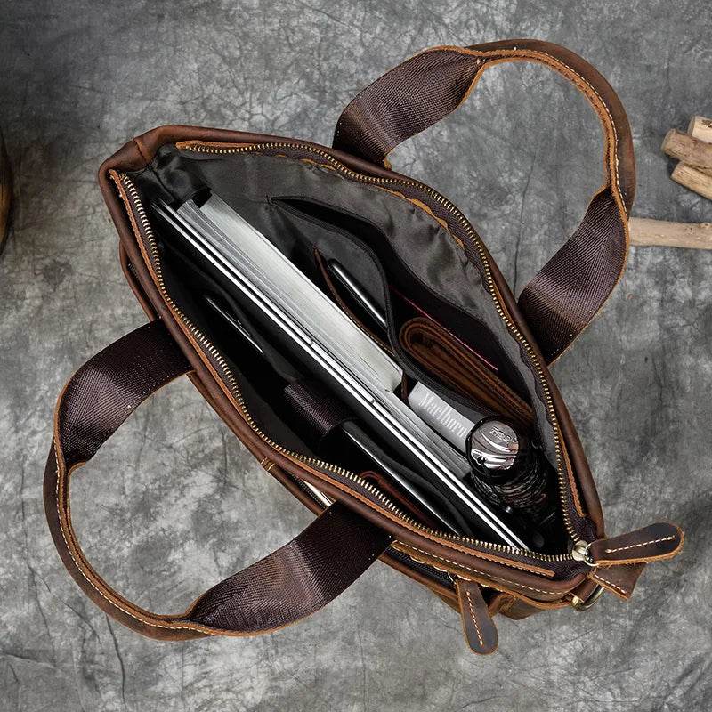 High Fashion Crazy Horse Leather Men's Laptop Handbag - VacationGrabs