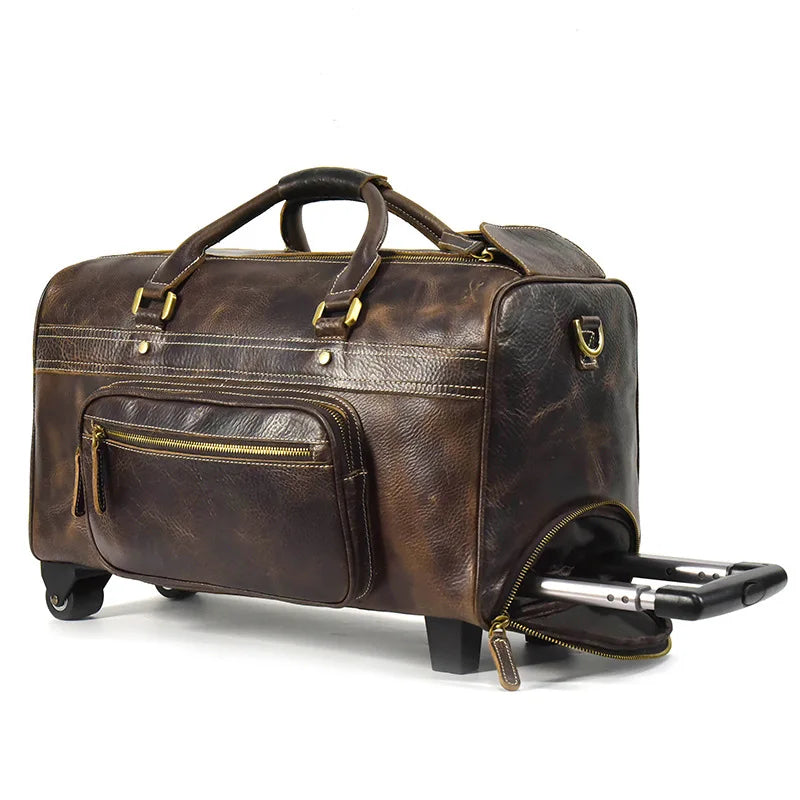 Rolling Genuine leather hand luggage travel bag with wheels