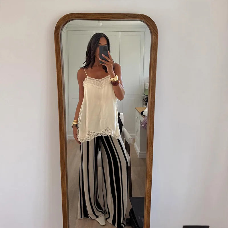 VacationGrabs Women Lace Trim Satin High Low Tops Silk Spaghetti Strap Side Split Asymmetrical Cami Top Flowy Silky Layering Tops