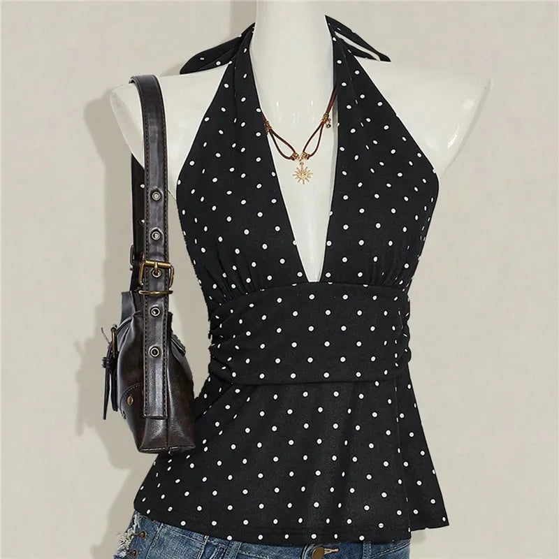 VacationGrabs Ladies Vintage Polka Dot Halter Neck Top Deep V Tie Back Sleeveless Ruched Waist Peplum Tank Top For Y2K Streetwear