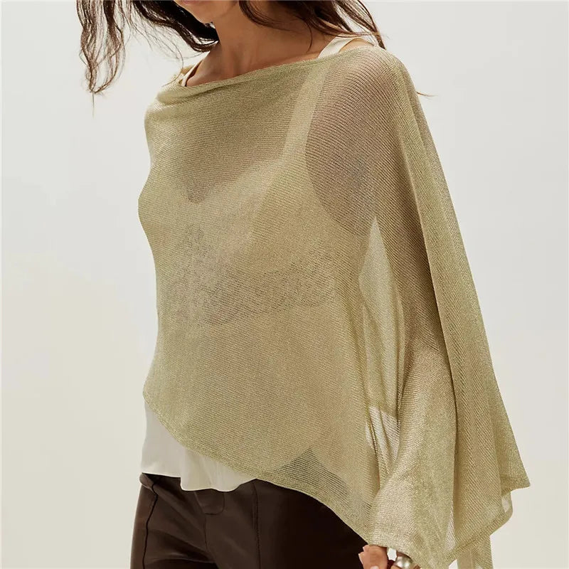 Womens Poncho Shawl Gold Metallic Knit Sheer Asymmetrical Poncho Loose Draped Silhouette Shimmer Cape Wrap Summer Beach Outfits