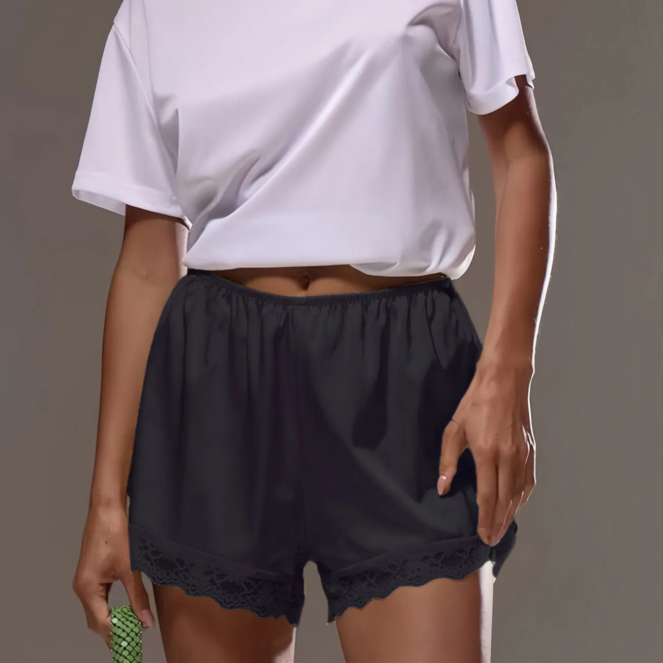 VacationGrabs Lace Trim Satin Shorts for Women Silky Elastic Waist Mini Shorts Casual Lounge French Knickers Slip Boxer Pj Bottoms