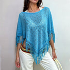 VacationGrabs Hollow Crochet Fringe Tassel Beach Cover Up Knit Triangle Shawl Bikini Outerwear Summer Casual Top