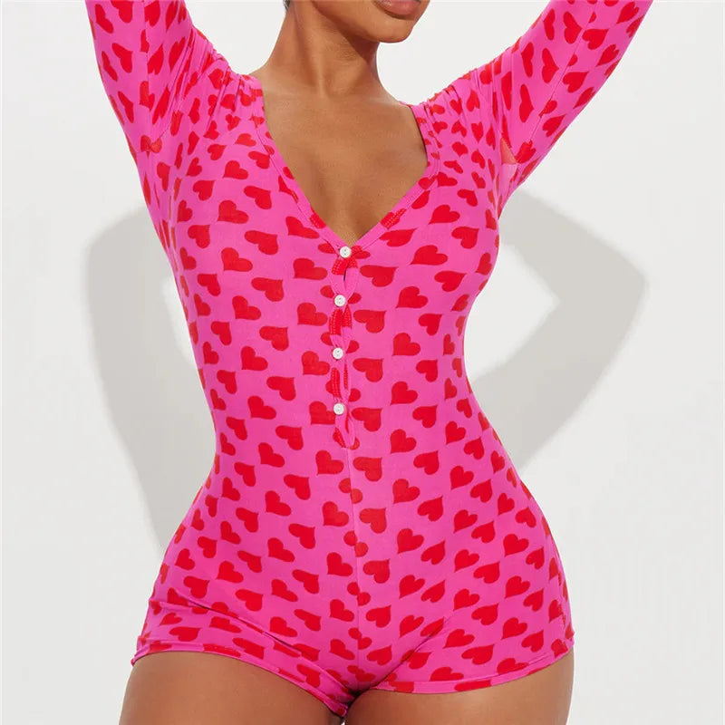 VacationGrabs Women Sexy Bodycon Deep V Neck Trapdoor Fashion Heart Printed Long Sleeve Butt Flap Romper Valentines Pajama Playsuit