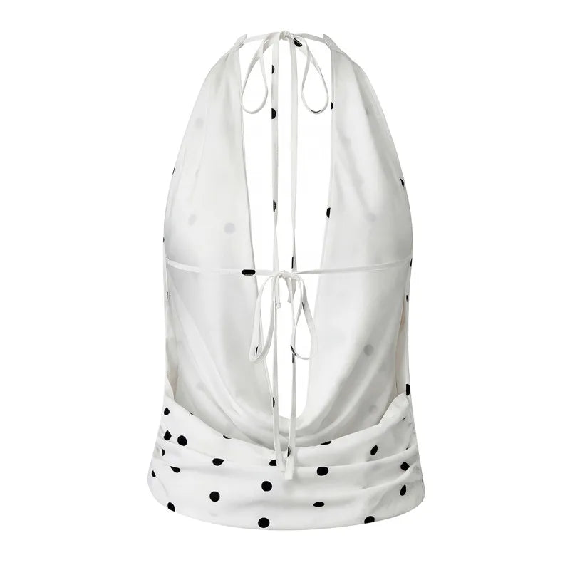 VacationGrabs Women’s Satin Halter Tank Tops Summer Fashionable Dot Print Cowl Neck Backless