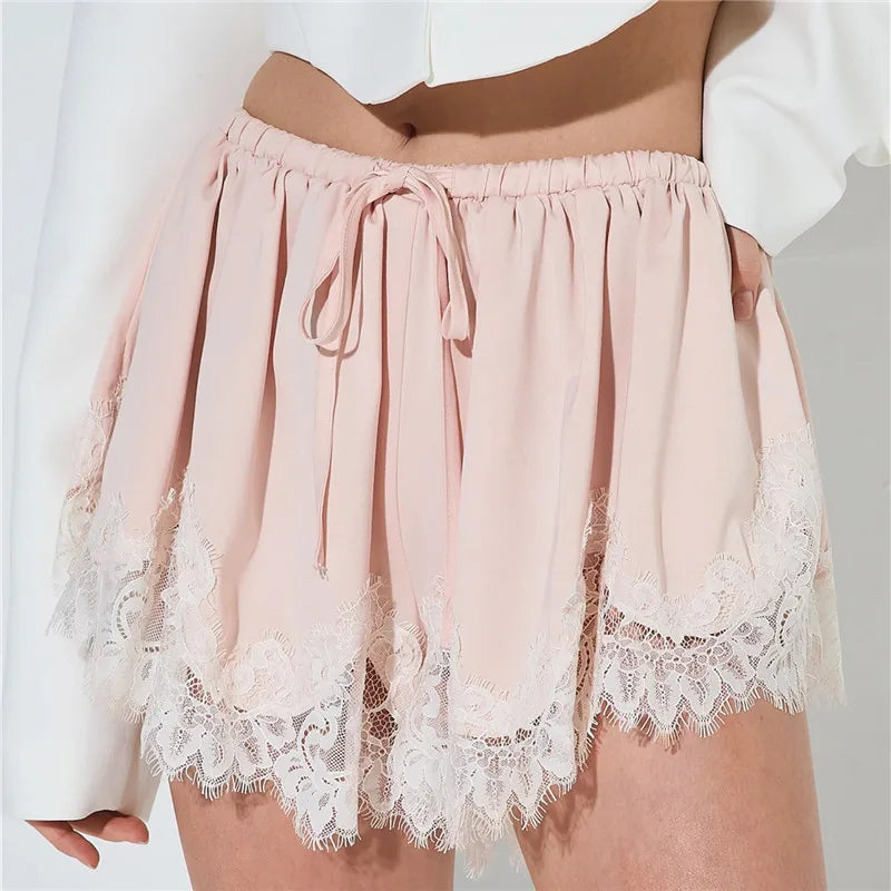 VacationGrabs Women's Mini Shorts Lace Patchwork Drawstring Elastic Waist Casual Summer Loose Lounge Shorts Y2K Vintage Streetwear