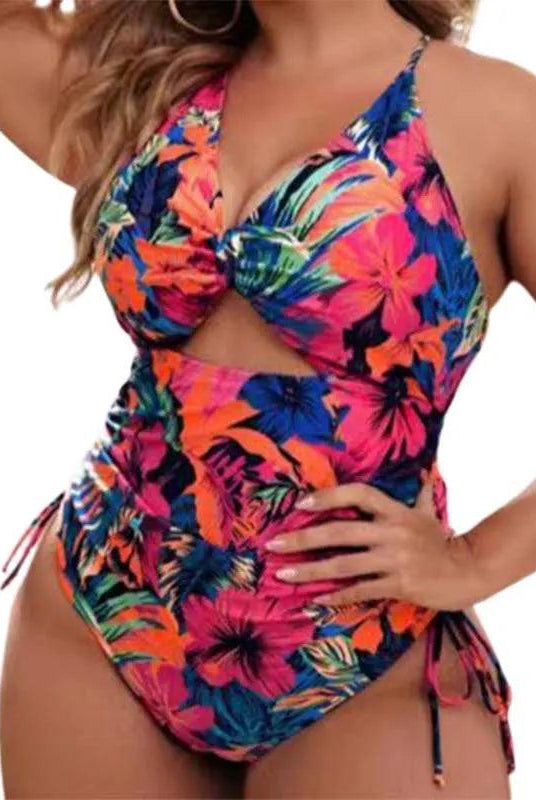 Women's Swimwear - 1PC Plus Size Floral Cutout Drawstring Swimsuit