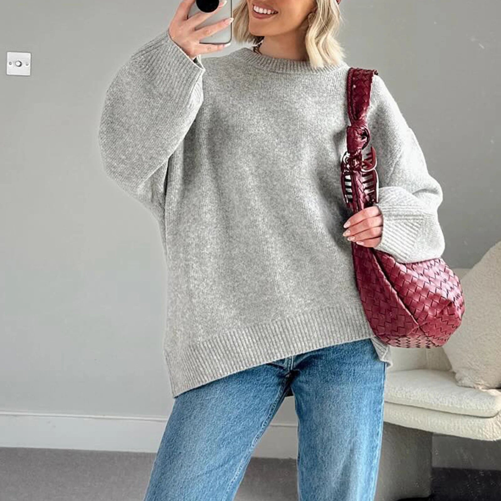 VacationGrabs Women Y2K Oversized Sweater Preppy Long Sleeve Crew Neck Solid Color Loose Grunge Pullover Ribbed Knit Jumpers Top