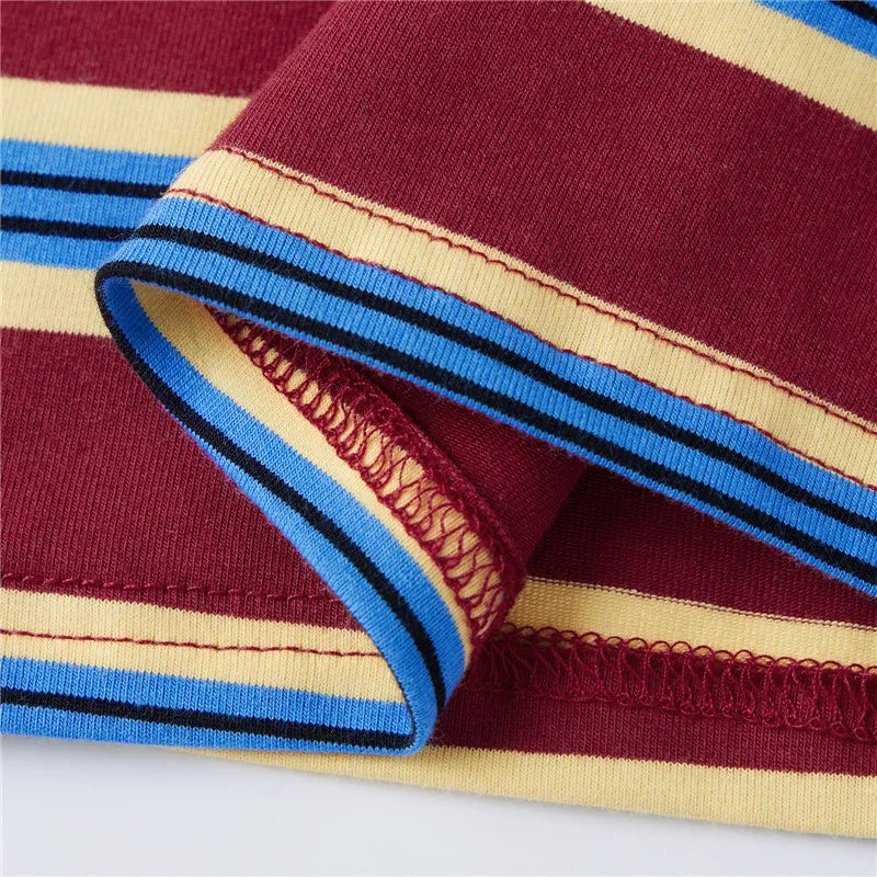 VacationGrabs Striped Two Piece Outfit Women Contrast Trim Oversized Short Sleeve Tee And Elastic Waist Shorts Casual Loungewear Set