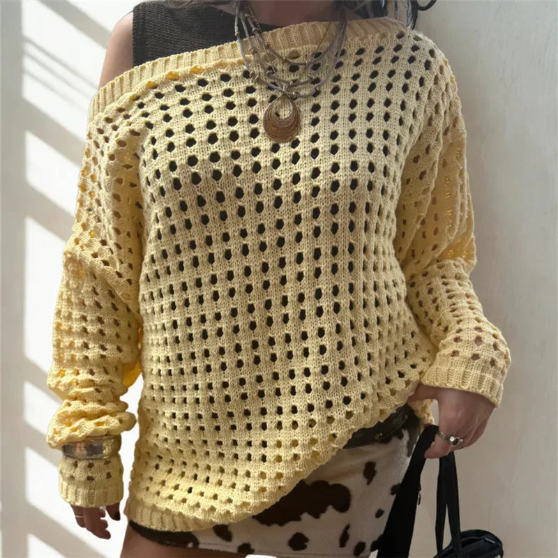 VacationGrabs Women Retro Y2K Hollow Knit Mesh Sweater Off‑Shoulder Slouchy Oversized Pullover Long Sleeve Grunge Vintage Street Tops