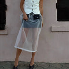 VacationGrabs Women Minimalist Sheer Mesh Layering Midi Skirt Transparent See-Through Trimmed Hem Versatile Overlay Skirt CasualOffice