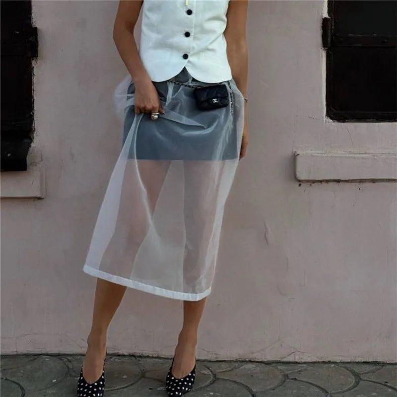 VacationGrabs Women Minimalist Sheer Mesh Layering Midi Skirt Transparent See-Through Trimmed Hem Versatile Overlay Skirt CasualOffice