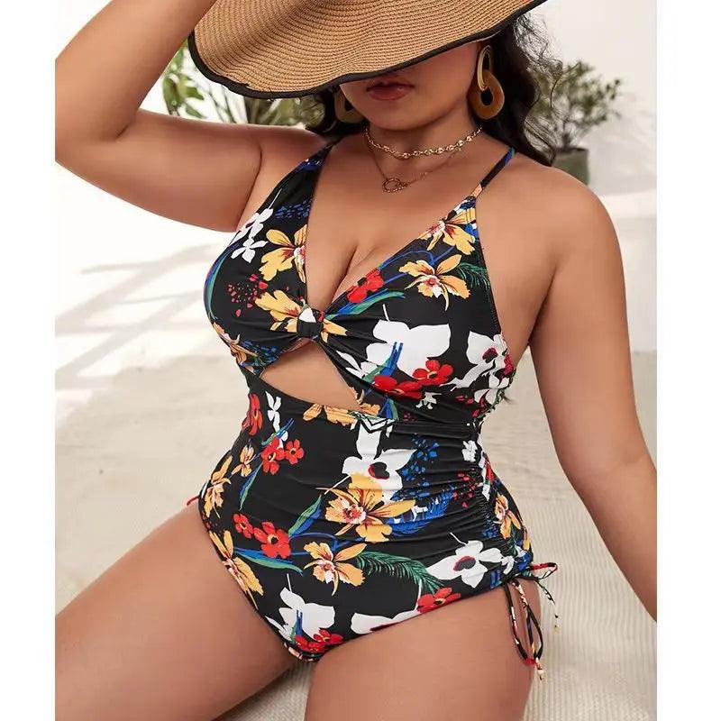 Women's Swimwear - 1PC Plus Size Floral Cutout Drawstring Swimsuit