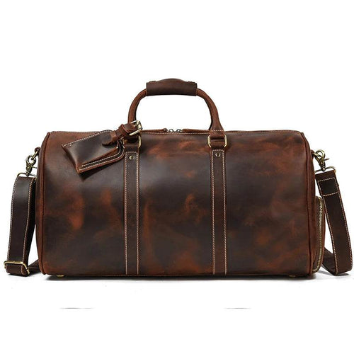 Vintage Leather Travel Duffle Bag With Shoe Pocket Weekend Bag - VacationGrabs