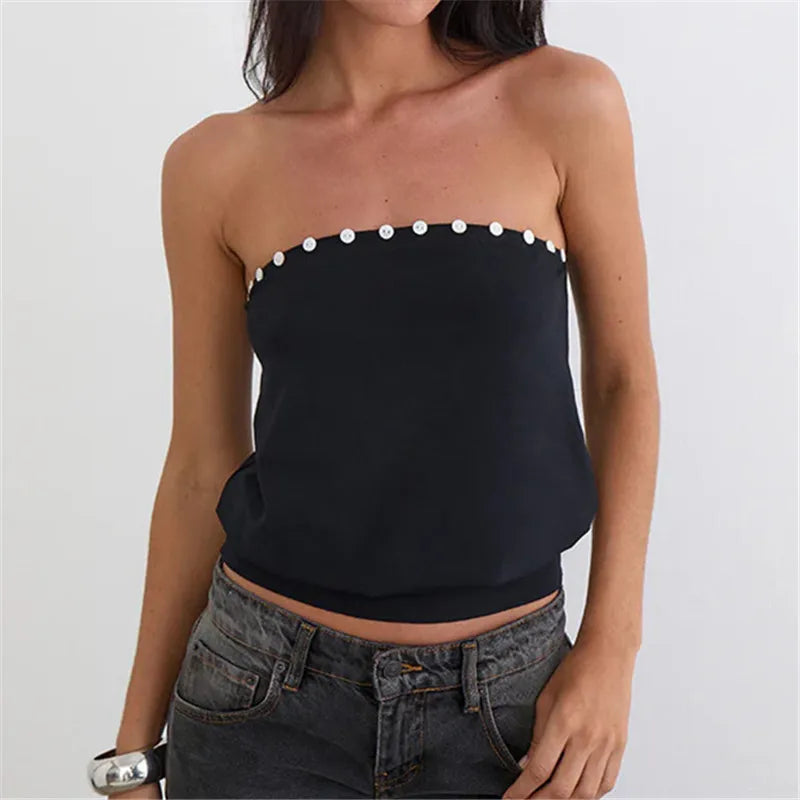 VacationGrabs Y2K Button Trim Strapless Tube Top Women Elastic Waist Hem Bandeau Sleeveless Off Shoulder Cropped Blouse Streetwear