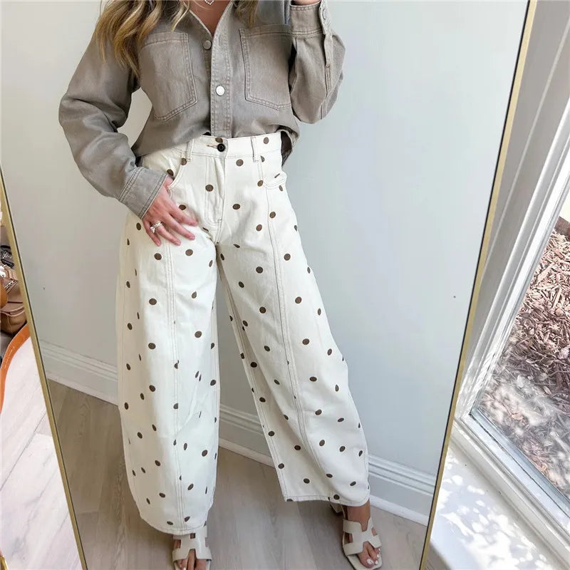 VacationGrabs Polka Dot Jeans Women Y2K Print High Waisted Wide Leg Denim Pants Vintage Stretchy Boyfriend Jeans 90s 00s Streetwear