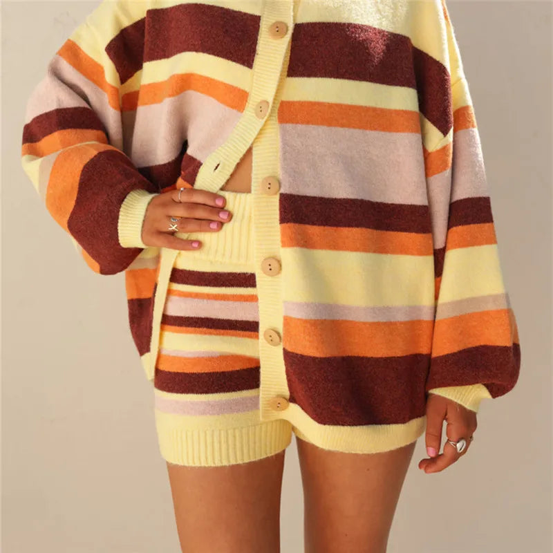 VacationGrabs Y2K Retro Color Block Striped Knit Shorts High Elastic Ribbed Waist Cuff Tight Fitting Streetwear Vacation Short Pants