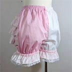 VacationGrabs Lolita Women Bloomers Shorts Color Block Patchwork Ruffle Lace Elastic Waist Pumpkin Pantalettes Sweet Cosplay Bottoms
