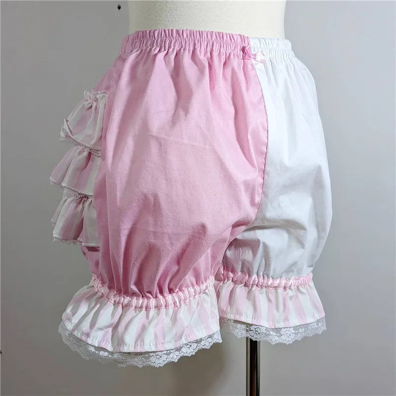 VacationGrabs Lolita Women Bloomers Shorts Color Block Patchwork Ruffle Lace Elastic Waist Pumpkin Pantalettes Sweet Cosplay Bottoms