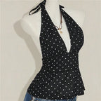 VacationGrabs Ladies Vintage Polka Dot Halter Neck Top Deep V Tie Back Sleeveless Ruched Waist Peplum Tank Top For Y2K Streetwear