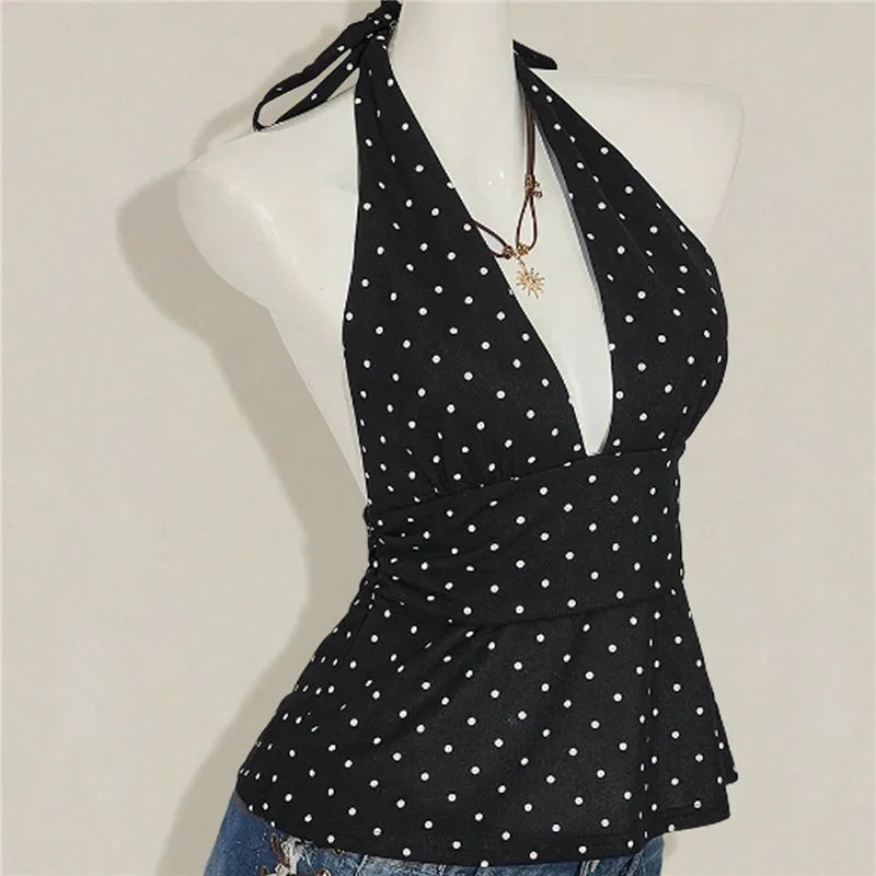 VacationGrabs Ladies Vintage Polka Dot Halter Neck Top Deep V Tie Back Sleeveless Ruched Waist Peplum Tank Top For Y2K Streetwear