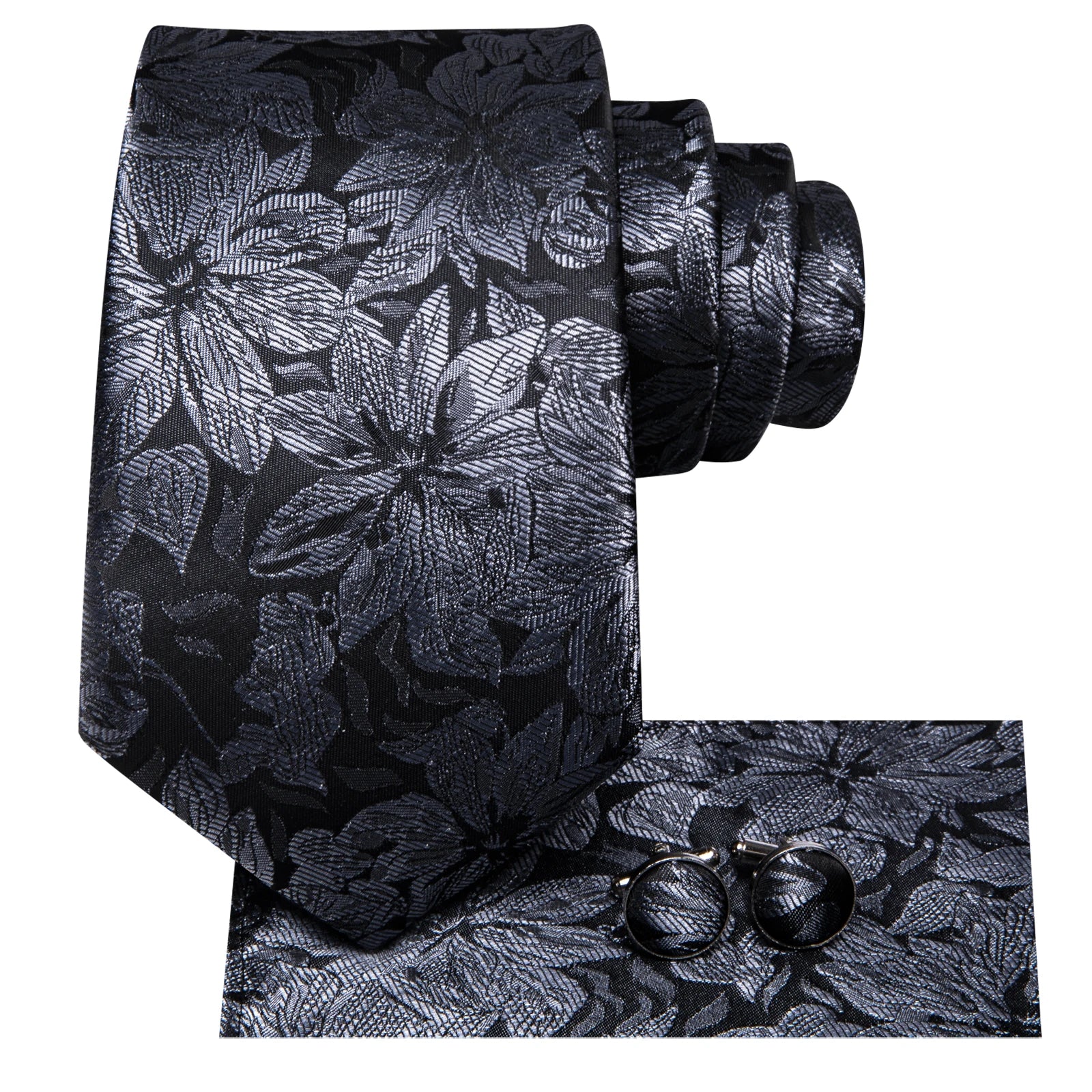 Men's black floral tie set with cufflinks for formal occasions, how to tie mens tie