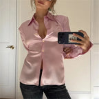 VacationGrabs Satin Silk Waist Ruched Fitted Shirt Women Long Sleeve Lapel Collar Button Up Slim Bodycon Blouse Casual Streetwear