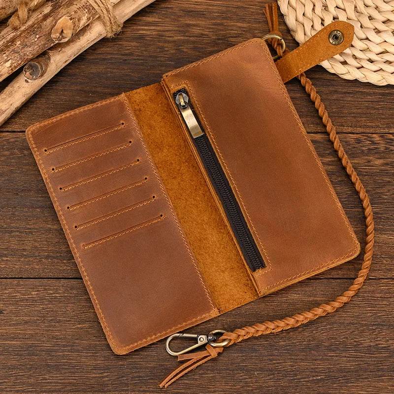 Fashionable Leather Long Wallet with Braided Strap and Coin Inner Zipper - VacationGrabs
