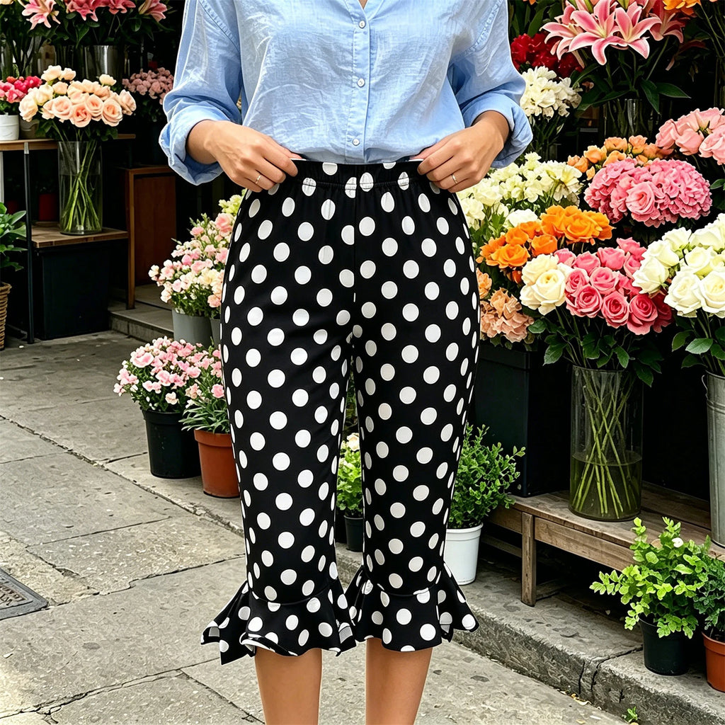 Women's Y2K Polka Dot Capri Pants High Waist Ruffle Hem Cropped Trousers Casual Slim Fit Summer Streetwear Vacation Pants