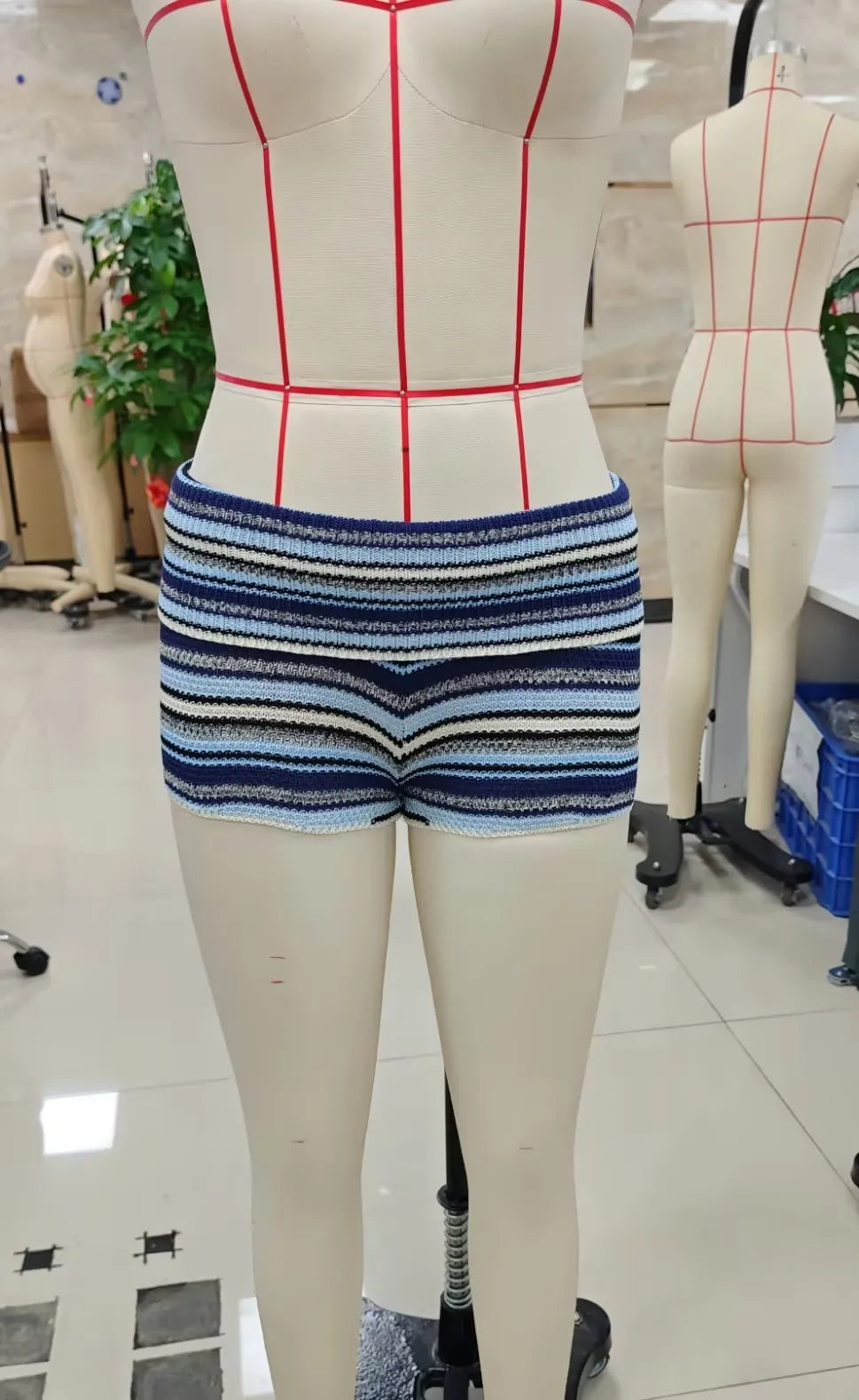 VacationGrabs Chic Striped Knit Shorts Low Waist Folded Waistband Bodycon Mini Shorts for Date Night and Elegant Summer Occasions