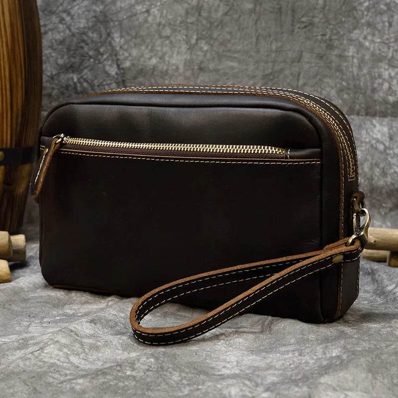 Genuine Leather Clutch Bag for Men Crazy Horse Leather Day Clutch with Wrist Strap - VacationGrabs
