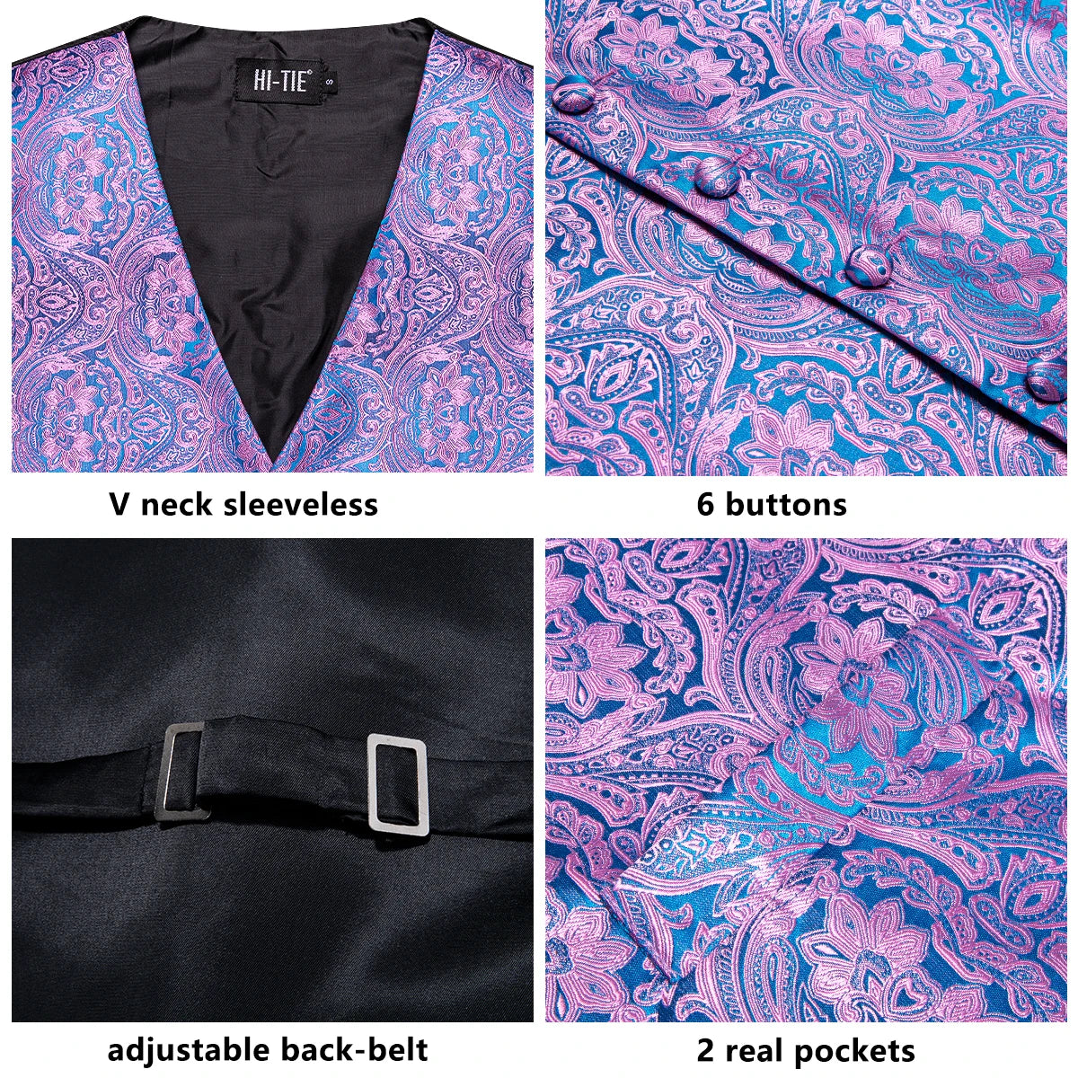 Women's paisley tie dress with V neck, 6 buttons, and adjustable back-belt