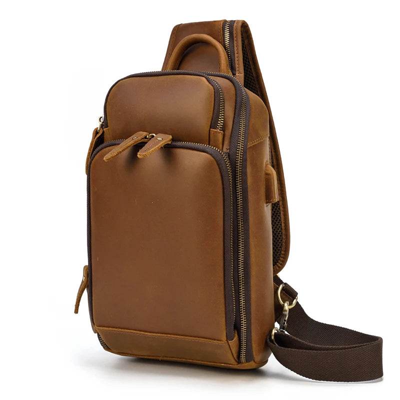 Soft Cowhide Men's Chest Bag Crossbody USB Sling Outdoor Pack - VacationGrabs