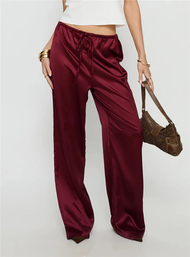 VacationGrabs Women's Satin Silk Solid Color Pants Elegant Elastic Drawstring Waist Loose Fit Trousers for All Seasons Y2K Streetwear