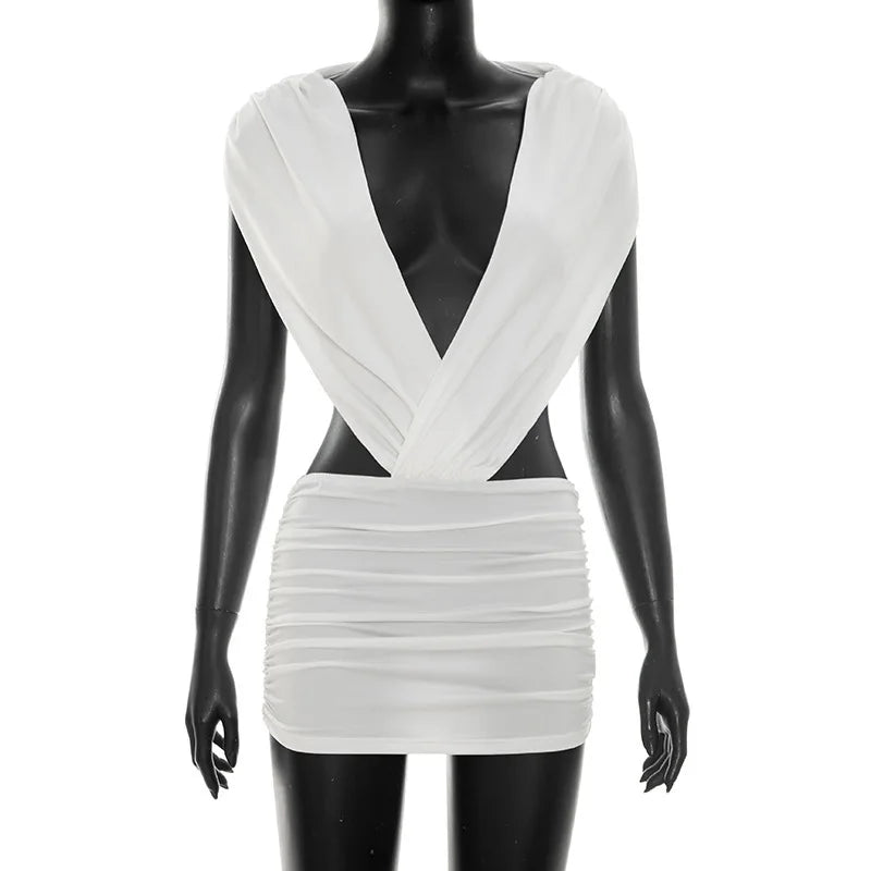 VacationGrabs Women Bodycon Mini Dress Deep V Neck Backless Ruched Sleeveless Satin Dresses Evening Party Club Night Out Holiday Wear