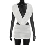 VacationGrabs Women Bodycon Mini Dress Deep V Neck Backless Ruched Sleeveless Satin Dresses Evening Party Club Night Out Holiday Wear