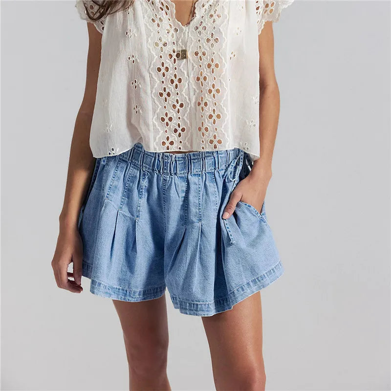 VacationGrabs Women Y2K Retro Pleated Denim Shorts High Waist Elastic Waist Wide Leg Casual Shorts with Drawstring Pockets Streetwear