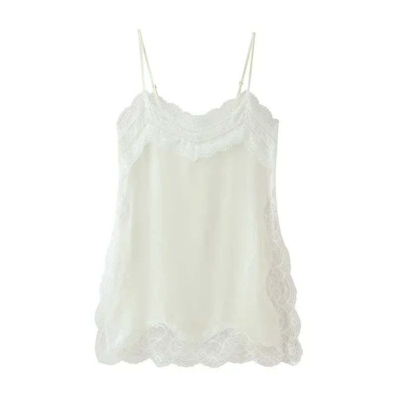 VacationGrabs Women Lace Trim Satin High Low Tops Silk Spaghetti Strap Side Split Asymmetrical Cami Top Flowy Silky Layering Tops