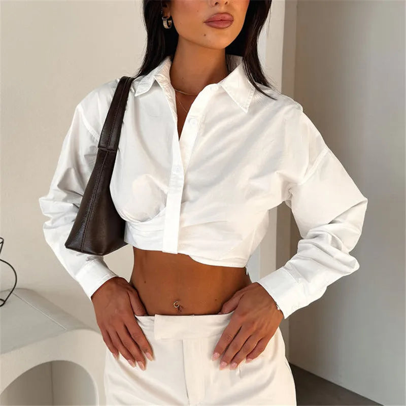 VacationGrabs Women’s Cropped Button Down Shirts Fashion Lapel V-Neck Long Sleeve Solid Color Tops Spring Fall Blouse Streetwear