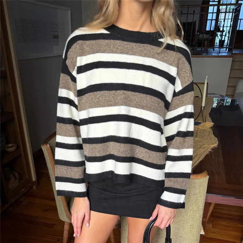VacationGrabs Y2K Stripe Short Knit Pullover Crewneck Oversized Long Sleeve Cropped Sweater Women Vintage Street Fall Winter Jumpers