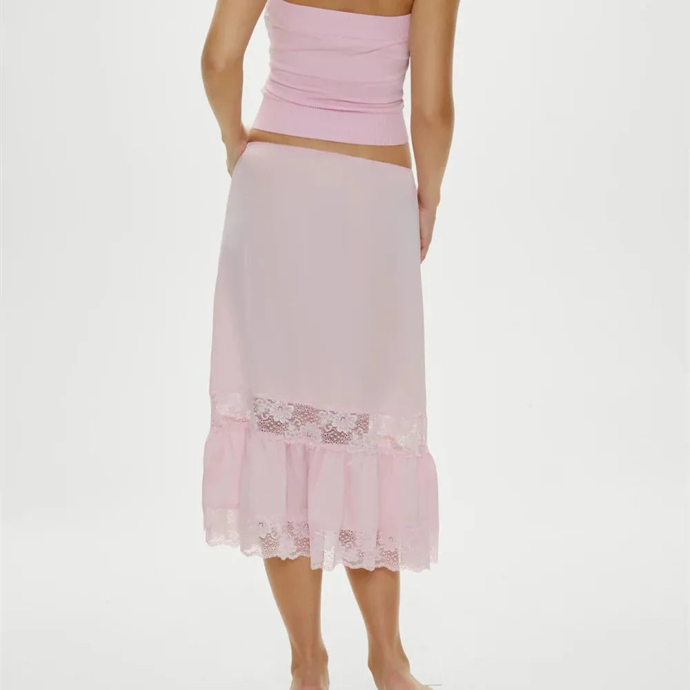 VacationGrabs Women Half Slip Long Skirt Lace Trim Satin Underskirt Elastic Waist Aline Silky Slips Skirt for Under Dress Party Club