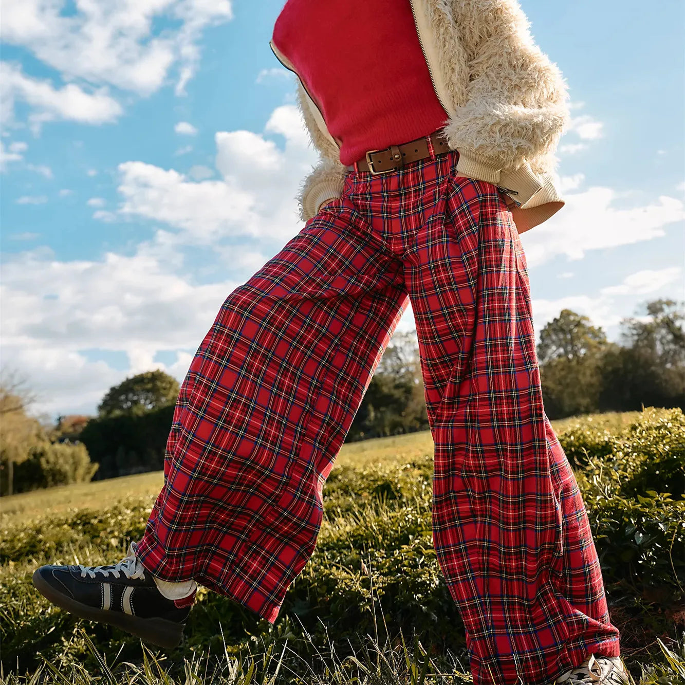 VacationGrabs Women Y2k Gingham Wide Leg Mid Rise Holiday High Street Tartan Pants Vintage Plaid Baggy Trousers with Pockets
