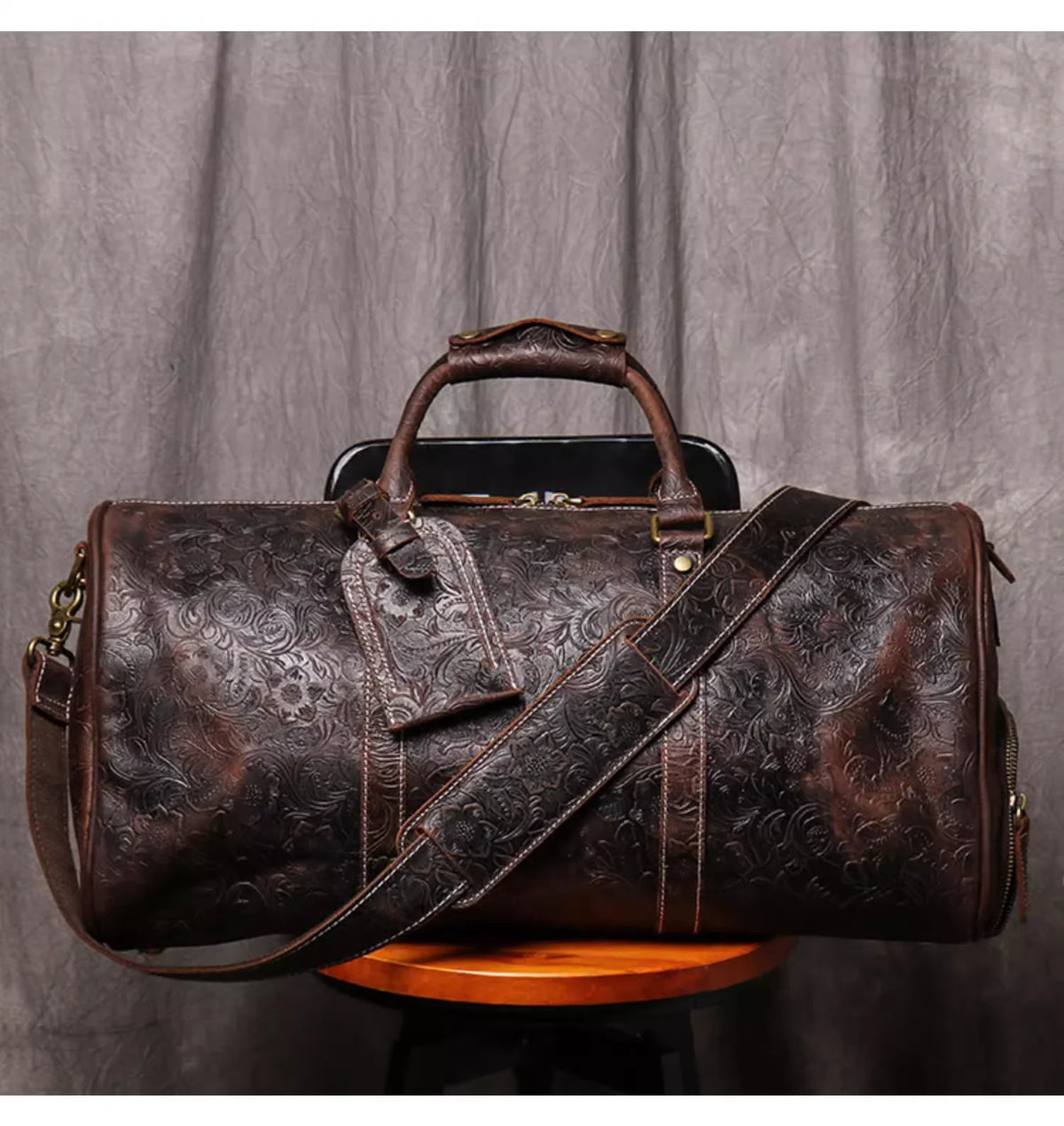 LUOKIR Vintage Embossed Leather Tote Bag Large Capacity Genuine Leather Short-Term Travel Bag for Clothing and Luggage Gym Bag