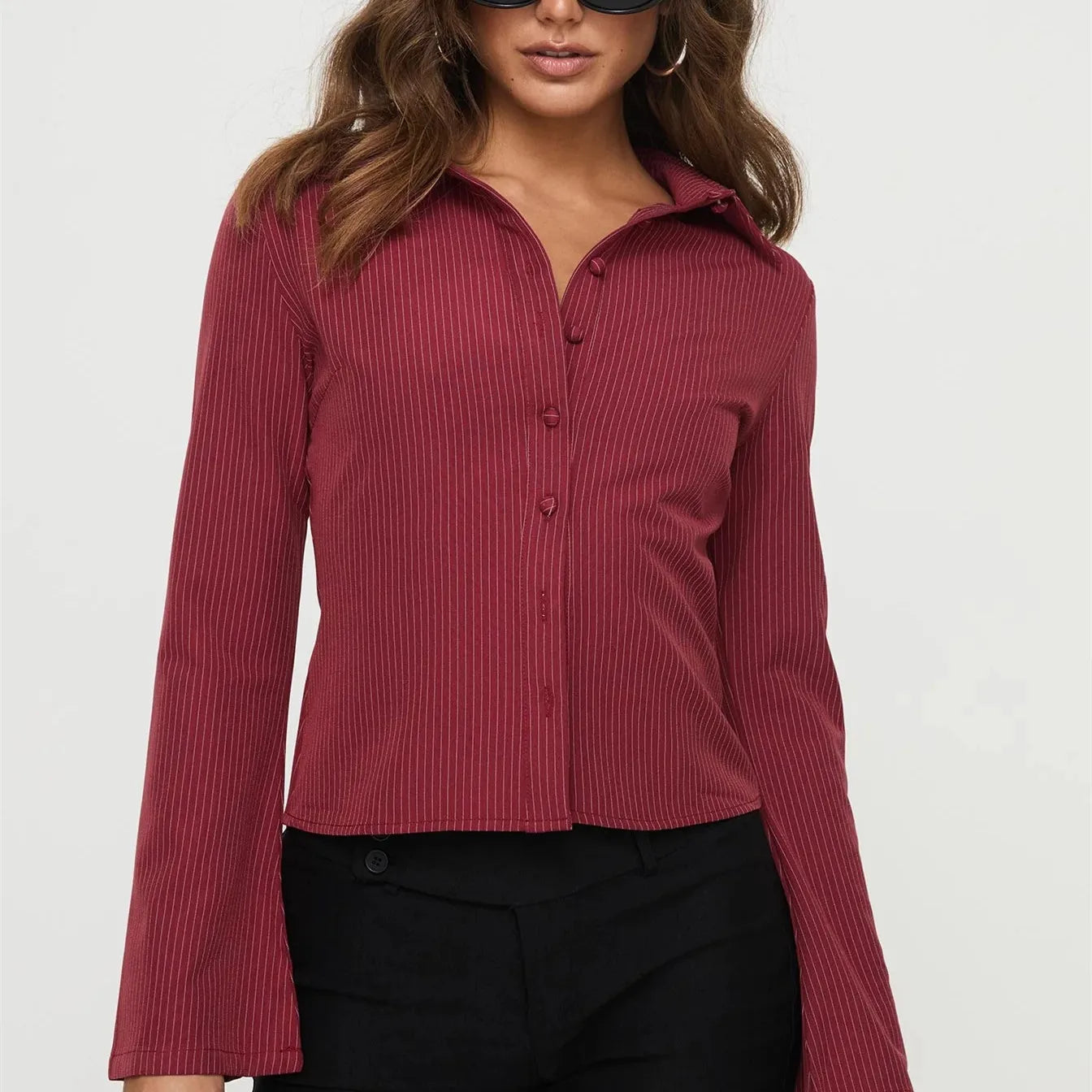 VacationGrabs Women Y2k Button Down Shirts Casual Long Sleeve V Neck Collared Slim Fit Crop Top E-Girls Coquette Vintage Blouse